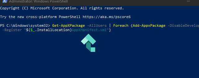 Get-AppXPackage -AllUsers | Foreach {Add-AppxPackage -DisableDevelopmentMode -Register “$($_.InstallLocation)AppXManifest.xml”}